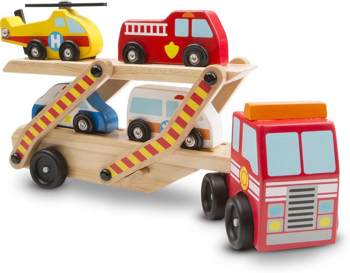 Melissa & Doug - Houten Autotransporter Met Noodvoertuigen