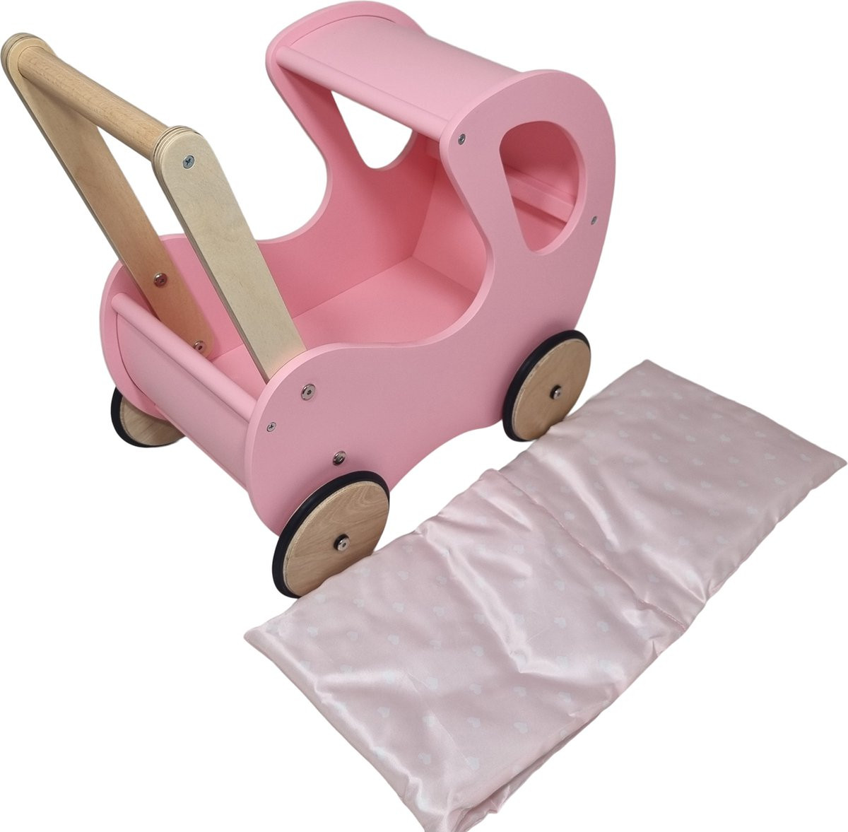 Playwood - Houten Poppenwagen roze klassiek met kap - inclusief dekje