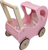 Playwood - Houten Poppenwagen roze klassiek met kap - inclusief dekje