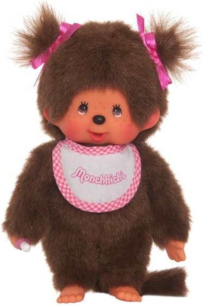 Monchhichi Meisje bruin met roze slabber (20cm)