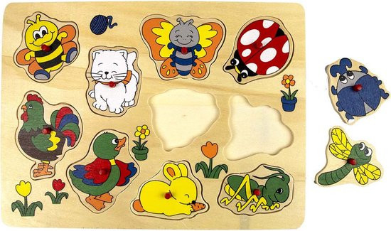 8719348001632 - Houten noppen puzzel - haan, poes, bij