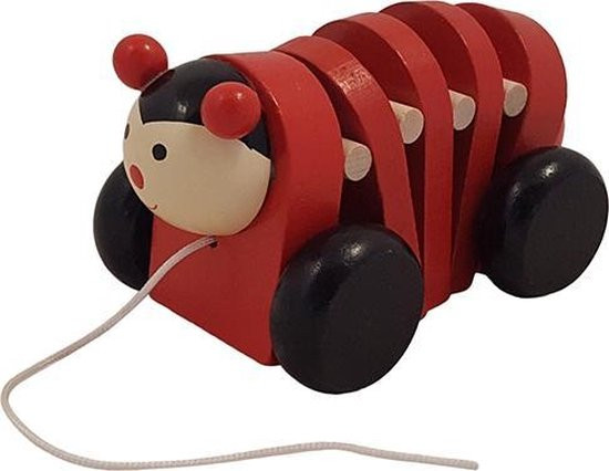 8719348000383 - Houten Trek Lieveheersbeest  rood met zwarte wielen