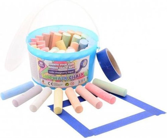 Designer Stoepkrijt met tape en 43 stuks krijt in emmer