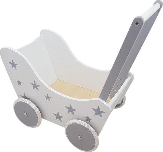 Houten Poppenwagen wit met zilveren sterren - excl dekje