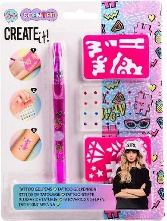 Create It! Tattoo-gelpen met sjabloon - Roze