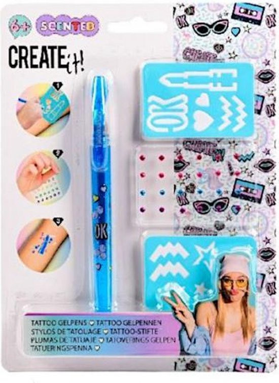 Create It! Tattoo-gelpen met sjabloon - Blauw