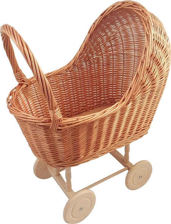 Rieten poppenwagen zonder bekleding - houten wielen