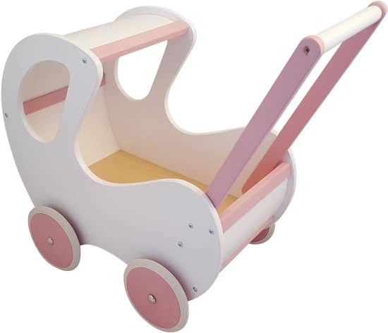 Houten Poppenwagen wit / roze klassiek met kap