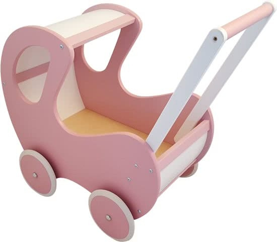Houten Poppenwagen roze / wit klassiek met kap