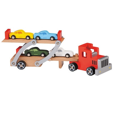 Houten auto transporter - 4 wagens - rode cabine Houten auto transporter - 4 wagens - rode cabine