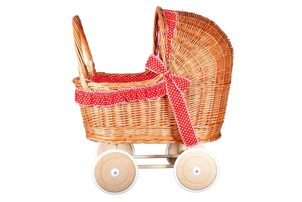 Rieten poppenwagen - houten wielen - Rood met stipjes