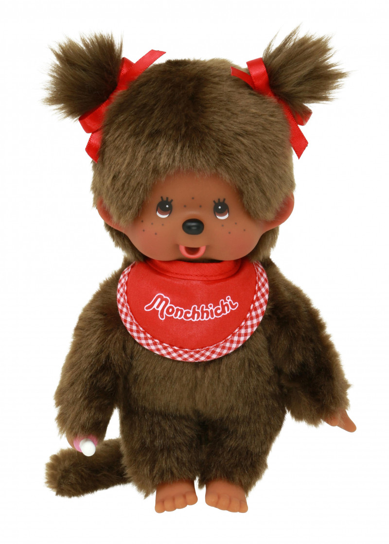 Monchhichi Meisje bruin met rode slabber (20cm)