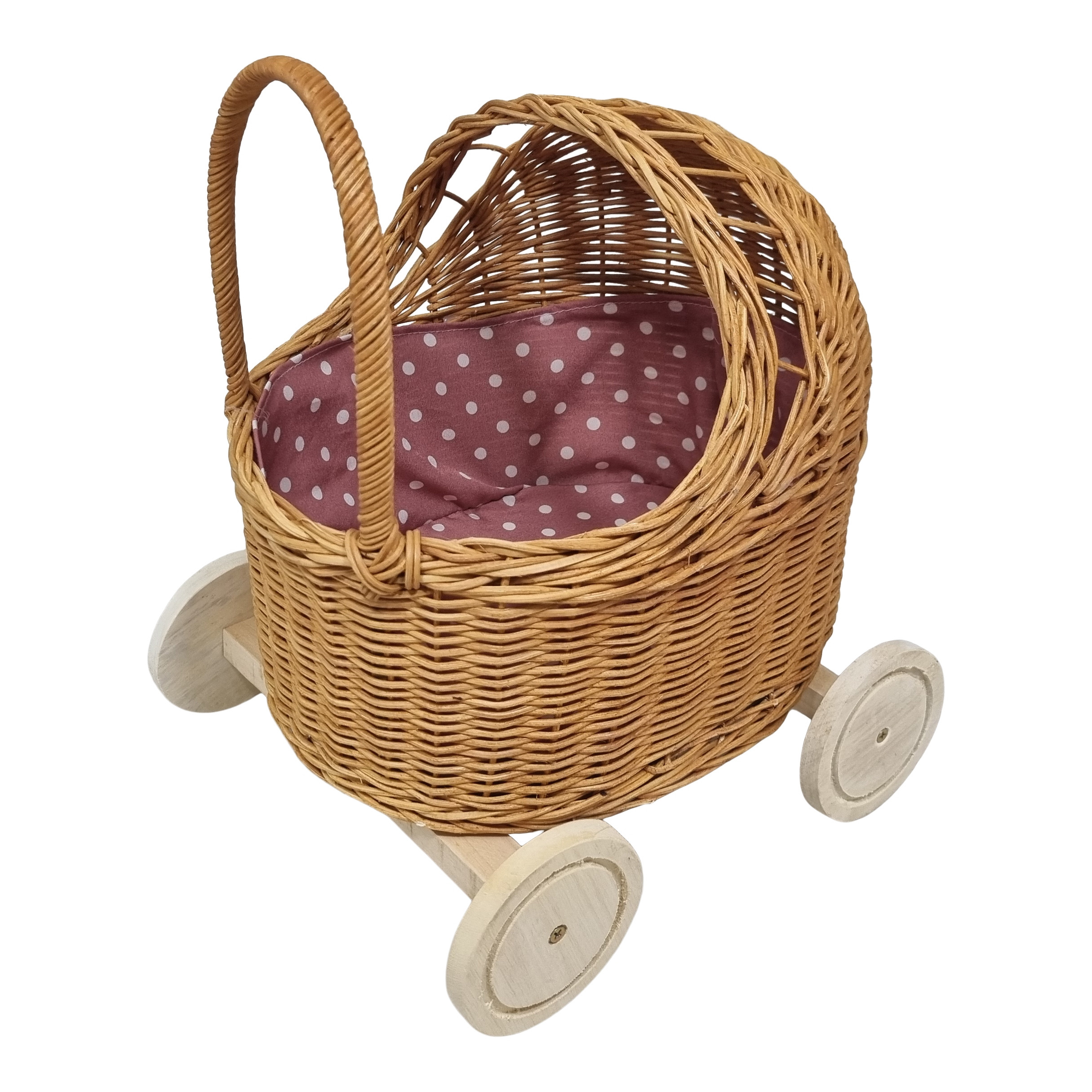 Mini Poppenwagen Riet Inclusief Bekleding - Houten Wielen (31x27x39cm) Mini Poppenwagen Riet Inclusief Bekleding - Houten Wielen (31x27x39cm)