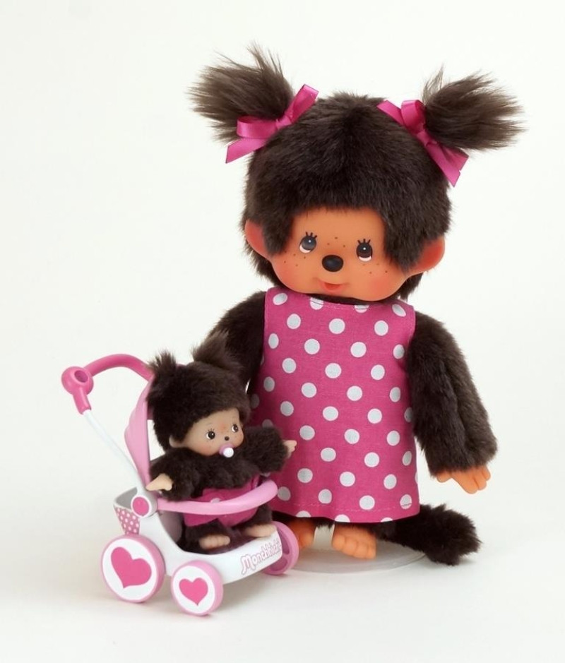 Monchhichi Moeder met Wandelwagen met Kind 20cm