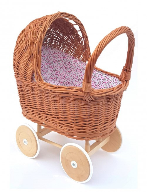 Rieten Poppenwagen - Houten Wielen - Bloem