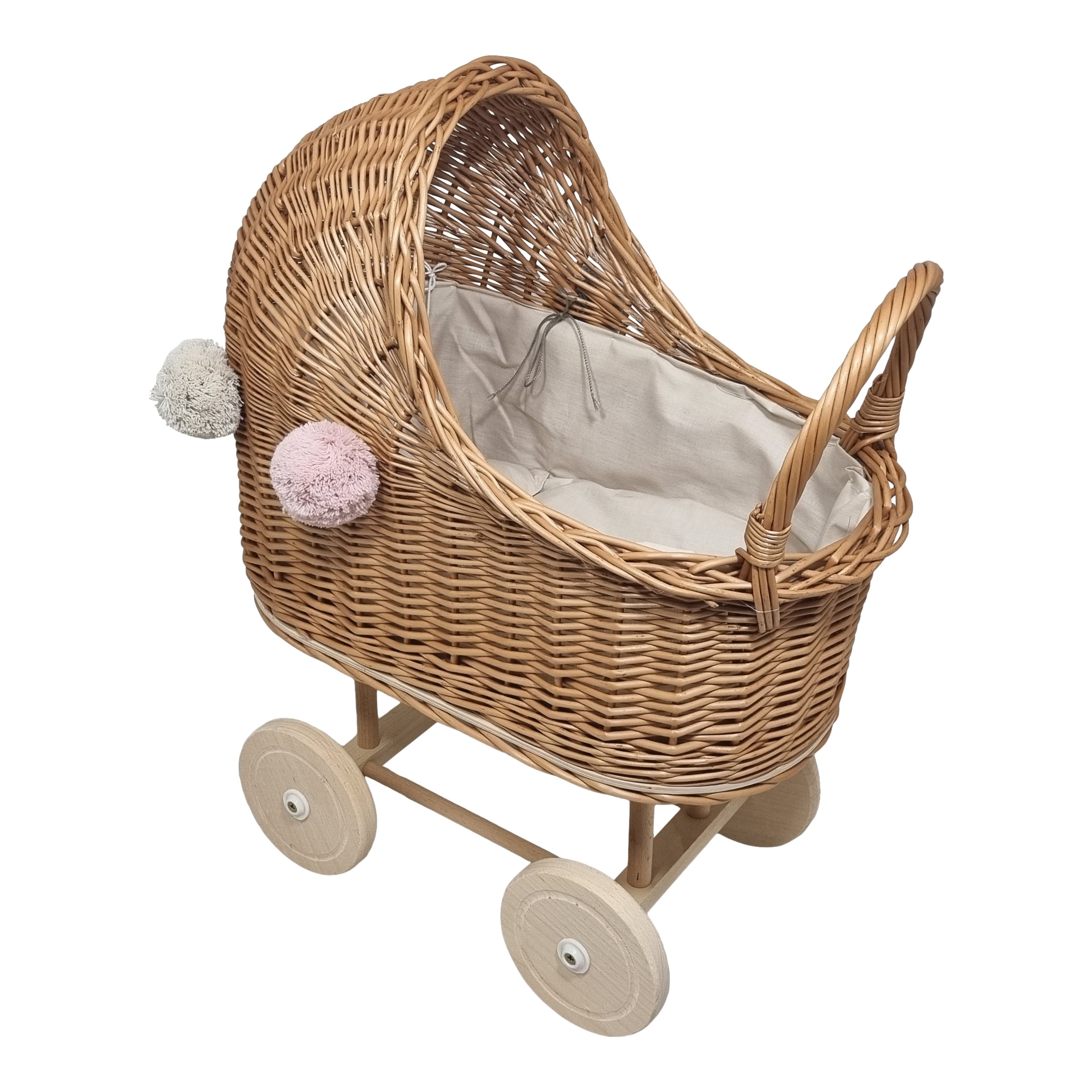 Playwood - Rieten - Poppenwagen - Crème - Beige bekleding met kussentjes rieten kap en 4 pompons