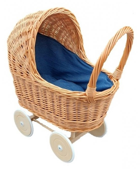 Hollie - Rieten Poppenwagen met Kap - Jeans