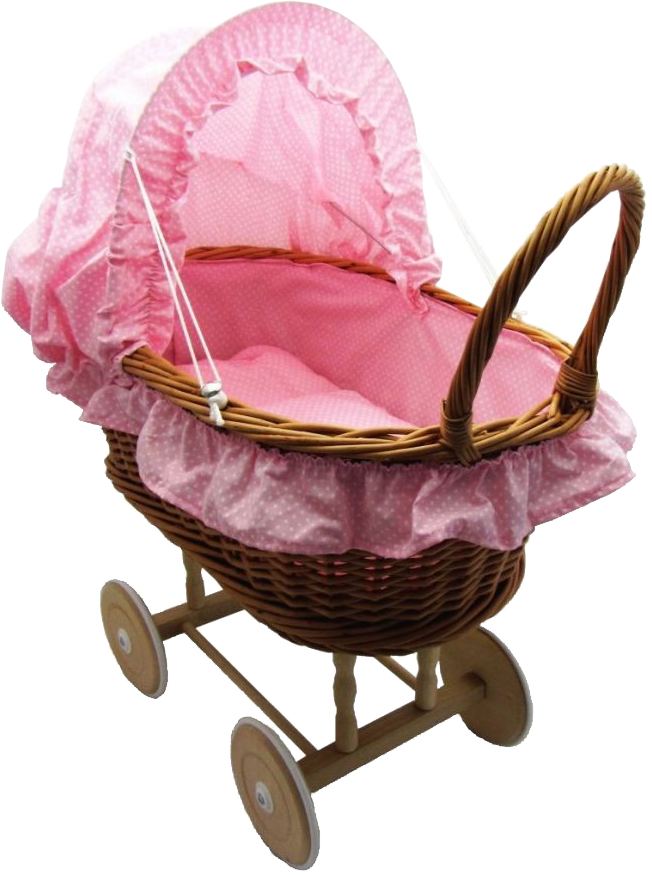Rieten Poppenwagen - houten wielen - Stoffen Kap - roze Rieten Poppenwagen - houten wielen - Stoffen Kap - roze