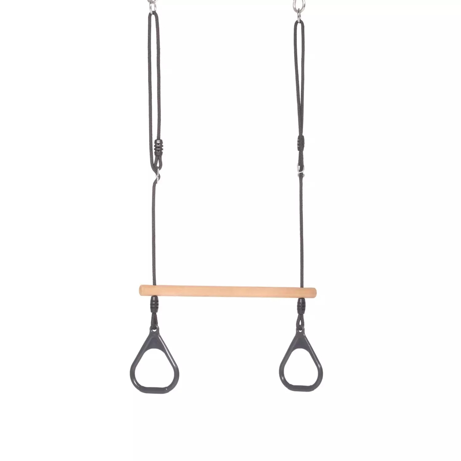 Dice - Houten Ringtrapeze met Kunststof Ringen Antraciet - Zwart Gevlochten Touw Dice - Houten Ringtrapeze met Kunststof Ringen Antraciet - Zwart Gevlochten Touw