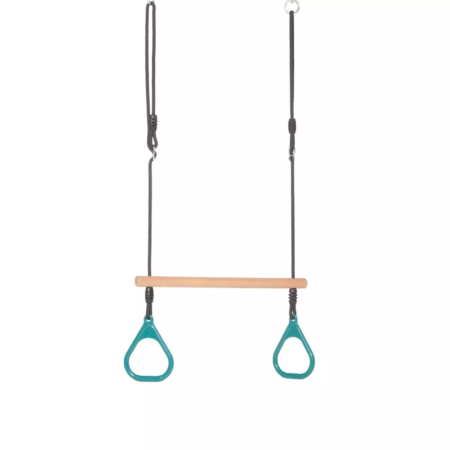 Dice - Houten Ringtrapeze met Kunststof Ringen Turquoise - Zwart Gevlochten Touw