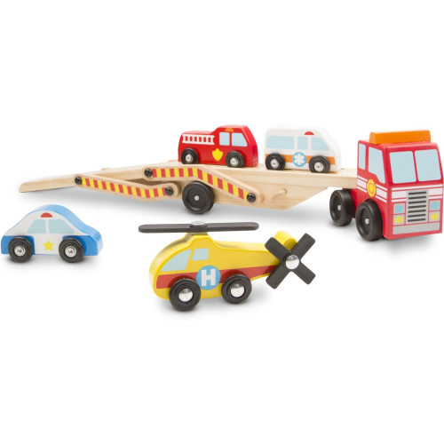 Melissa & Doug - Houten Autotransporter Met Noodvoertuigen