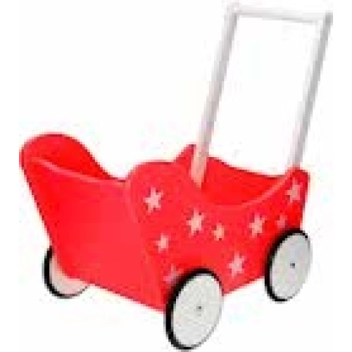 Houten Poppenwagen rood met witte sterren