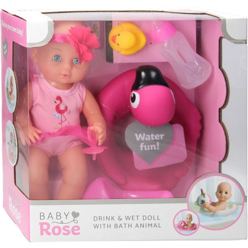 Baby Rose Drink en Plaspop 30cm met Flamingo Zwemband