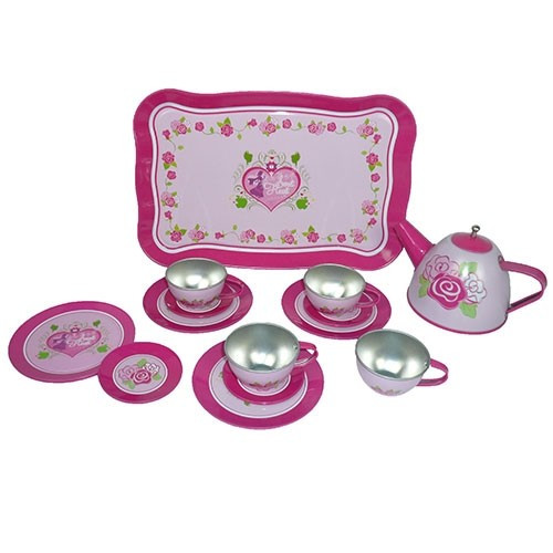 Servies tin Bloem/roze hart - 15dlg