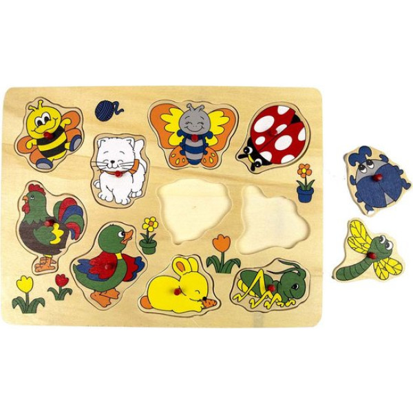 8719348001632 - Houten noppen puzzel - haan, poes, bij