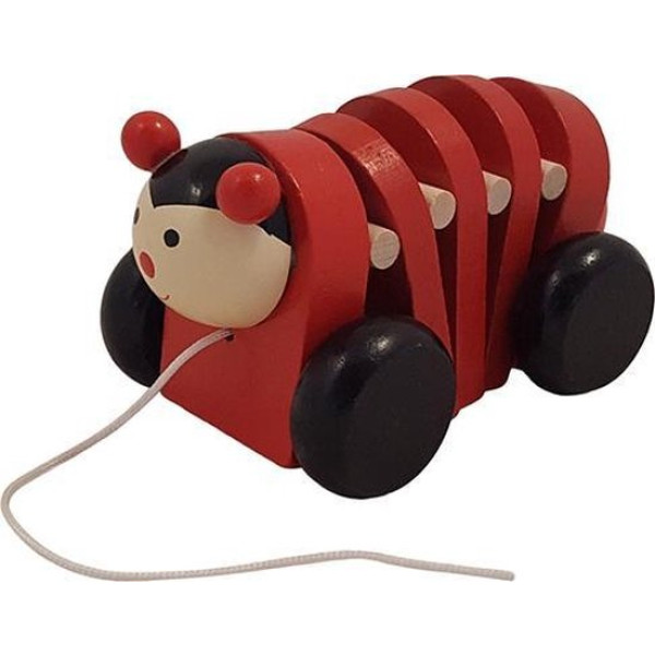 8719348000383 - Houten Trek Lieveheersbeest  rood met zwarte wielen