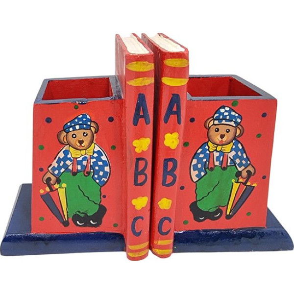 8719348013840 - Boekensteun beer met paraplu en pennenbakje brocante afwerking