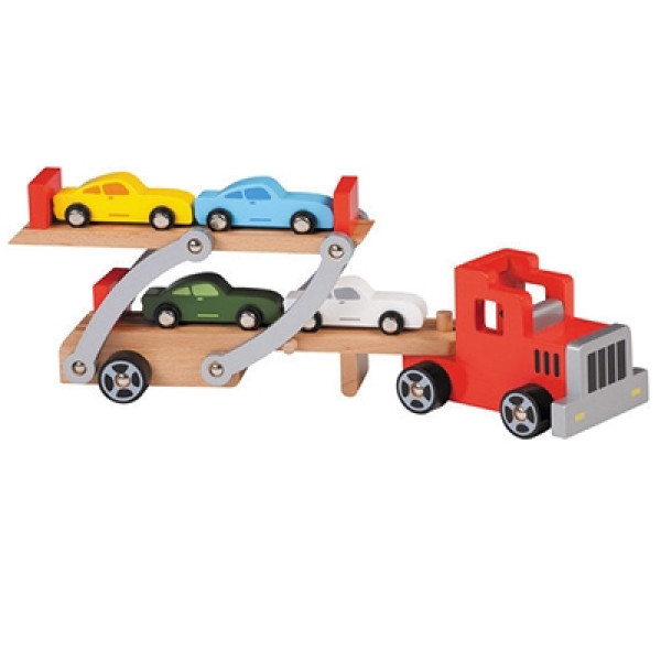 Houten auto transporter - 4 wagens - rode cabine