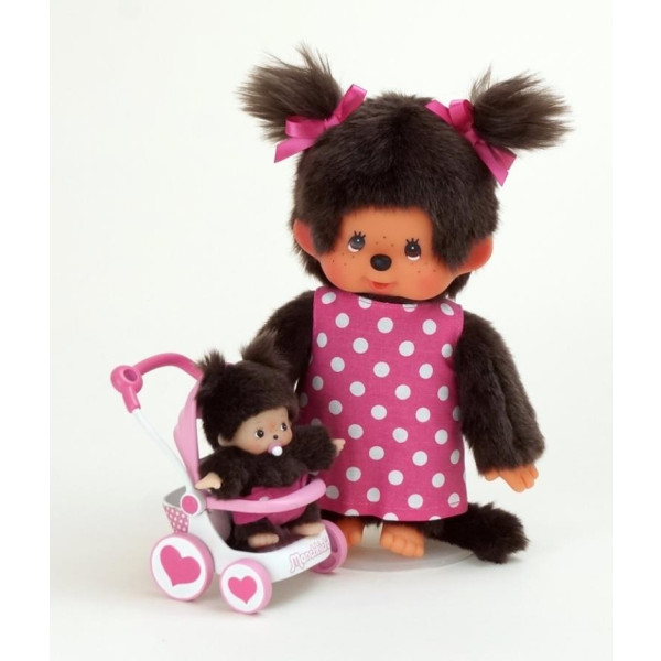 Monchhichi Moeder met Wandelwagen met Kind 20cm