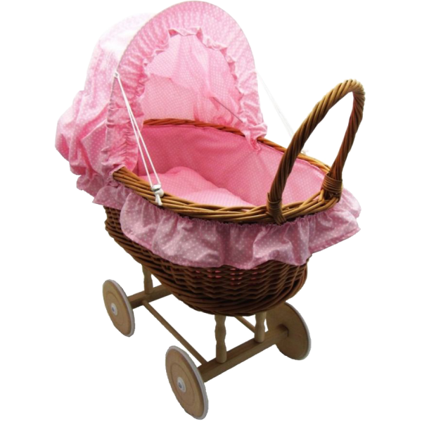 Rieten Poppenwagen - houten wielen - Stoffen Kap - roze
