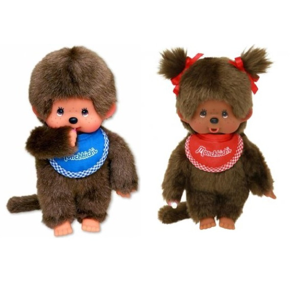 Monchhichi SETJE Jongen en meisje met slab rood/blauw (20cm)